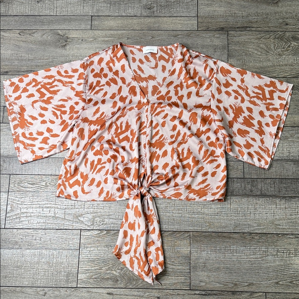 Adrienne Pink and Orange Patterned Tie-Front Blouse